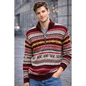 Schott NYC VTG Fair Isle Long Sleeve Full-Zip Jacquard Knit Sweater Red Size L